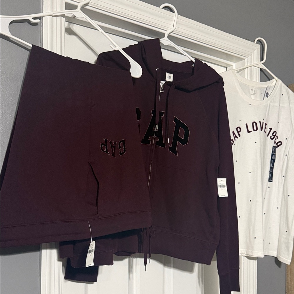 GAP Dark Burgundy Hoodie/pants and White Tee. All new with tags.